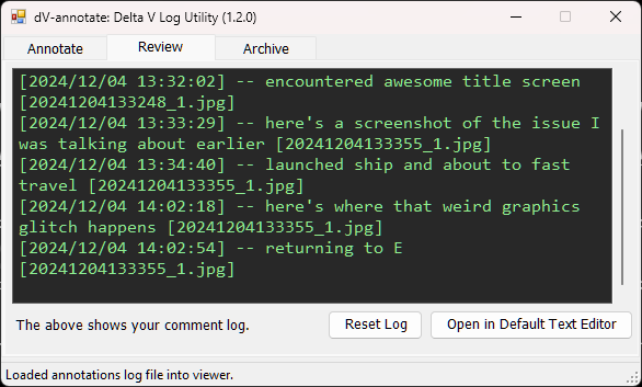 Screenshot of dv-annotate's Review tab