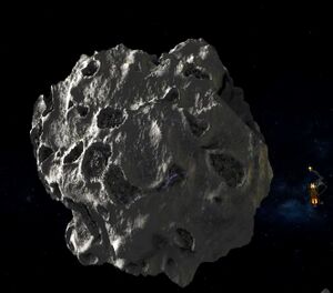 Moonlet with a uranium cave. Note the very slight purple shimmer and slight opening near the K37